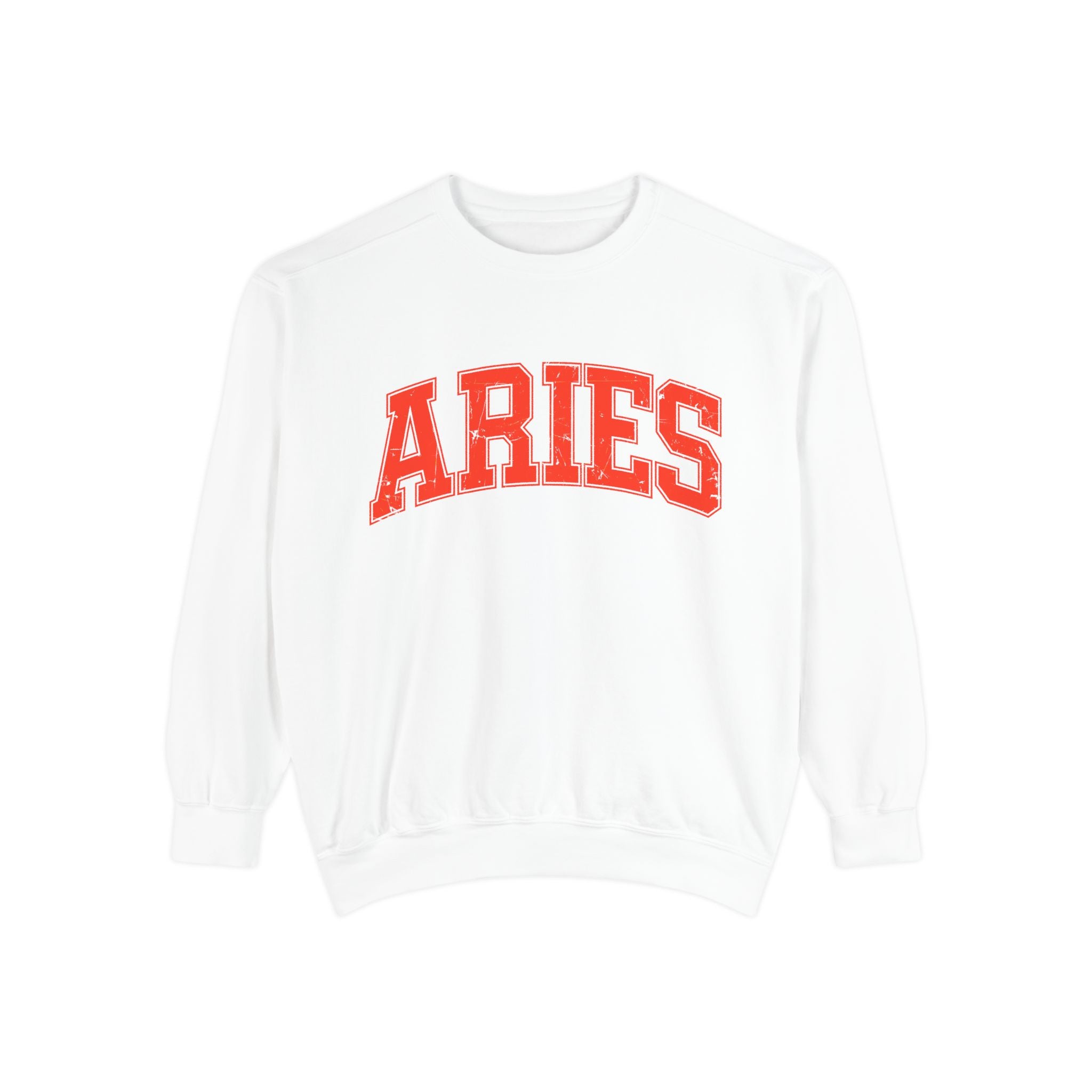 The Zodiac Collection. Unisex Garment-Dyed Crew Neck, Graphic Sweatshirt. Aries Vintage Red.