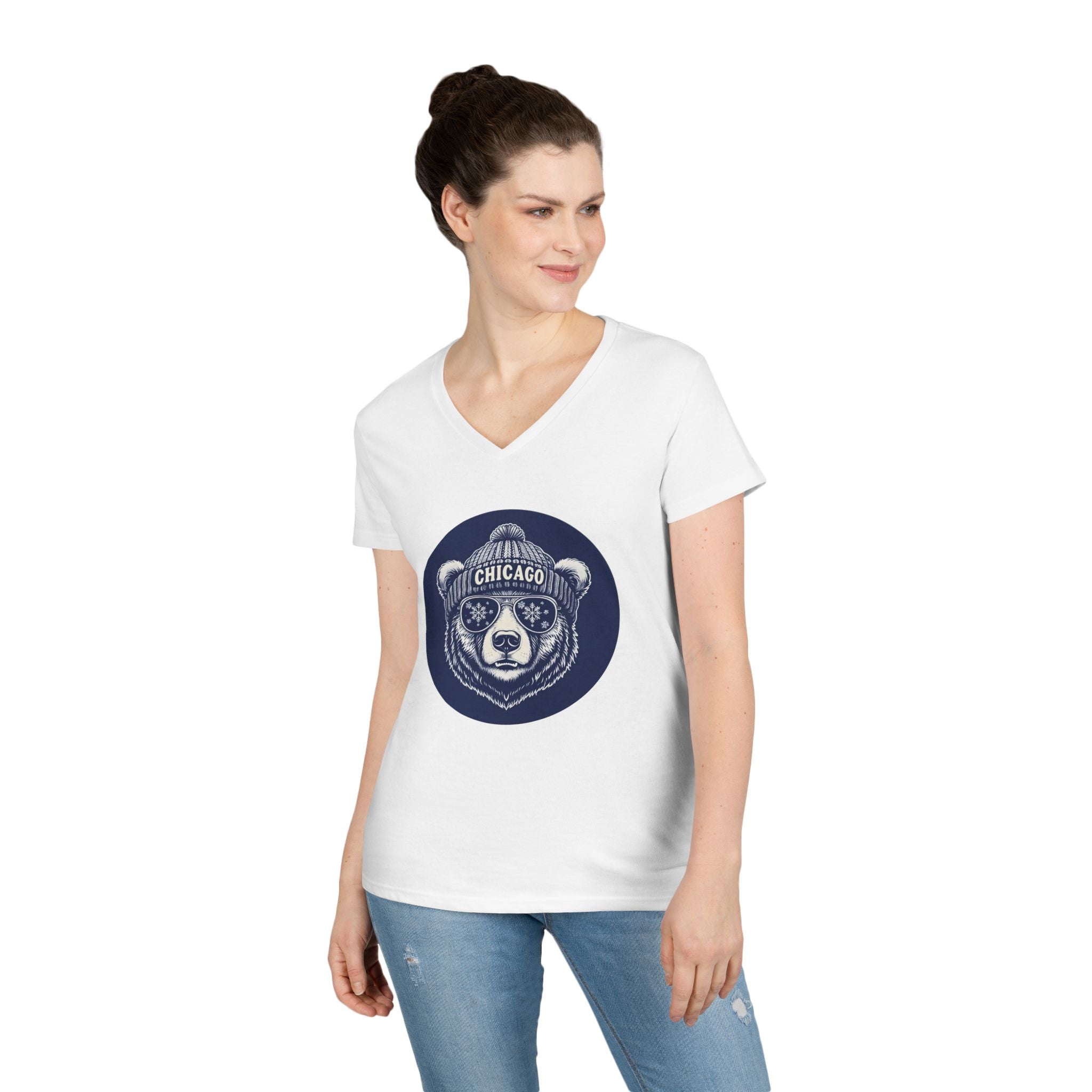 Sporty Soul. Ladies, V-Neck, Short Sleeve, Graphic T-Shirt. Retro Winter Beanie Bear.