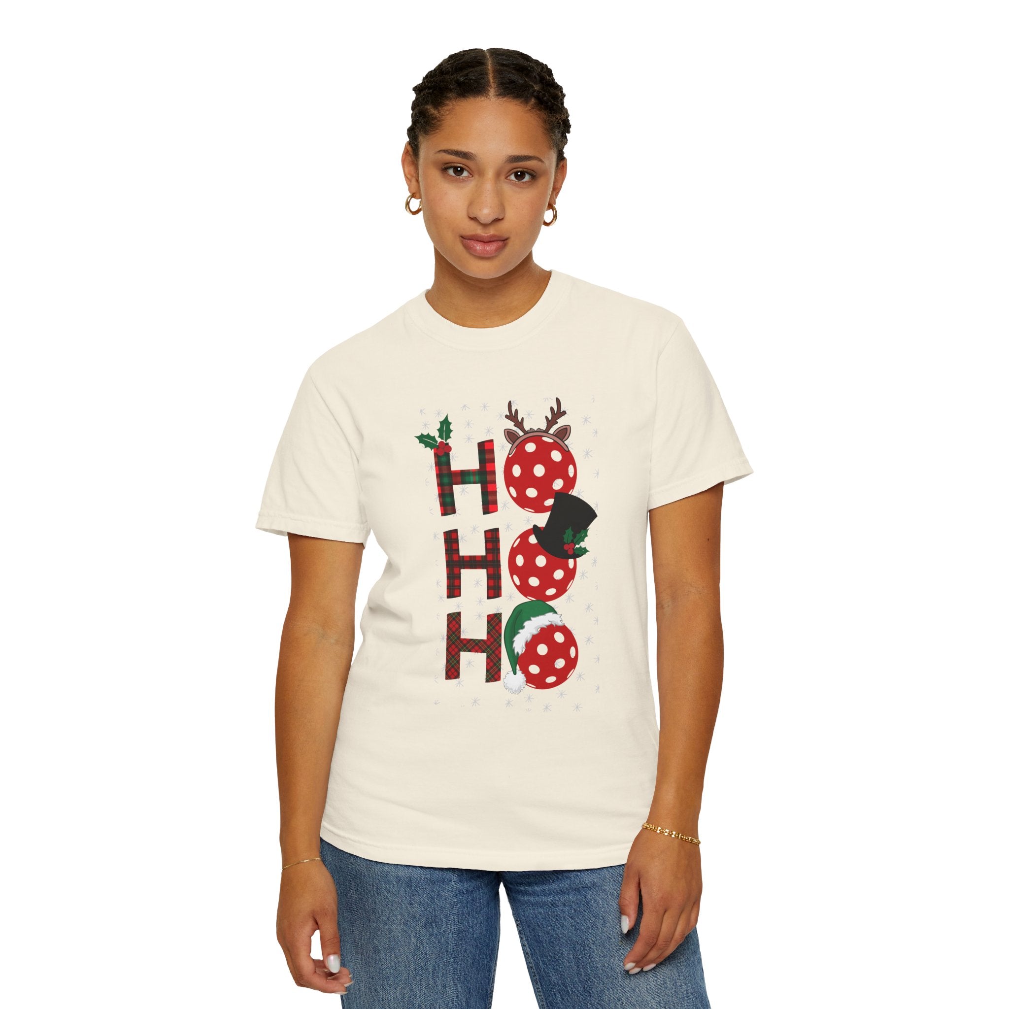 Holiday Moon. Unisex, Garment-Dyed, Crew Neck, Short Sleeve, Graphic T-Shirt. Pickleball Ho.Ho.Ho.