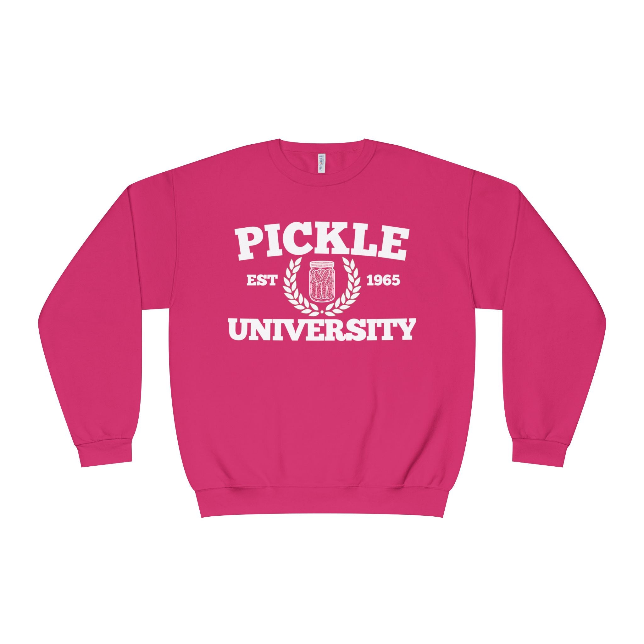 Pickleball. Ladies, Crew Neck, Medium-Heavy NuBlend fleece/cotton, Graphic Sweatshirt. Pickleball. 7 Color Options. Vintage “Pickle Est. 1965” College Style.