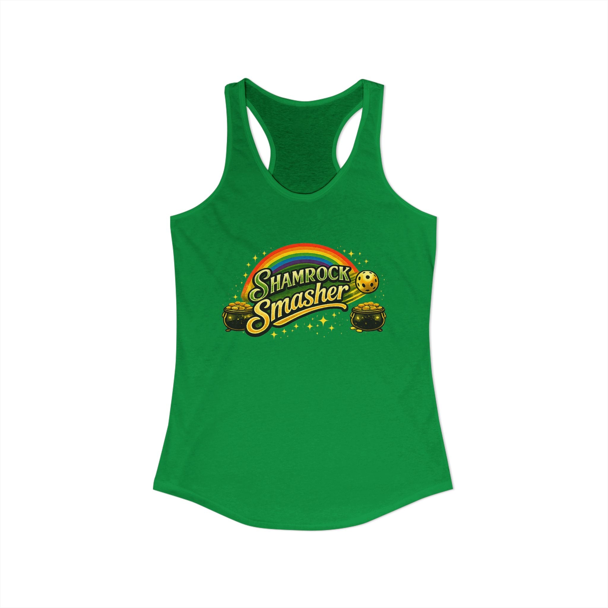 A Lucky Picklemoon.  Ladies, lightweight cotton/poly blend, racerback, graphic tank. Shamrock Smasher.