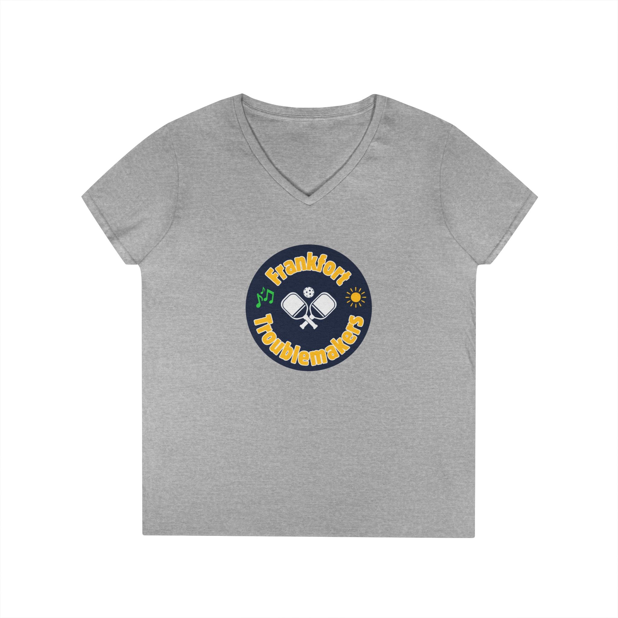 Pickleball. Ladies, V-Neck, Short Sleeve, Graphic T-Shirt. Frankfort Troublemakers.