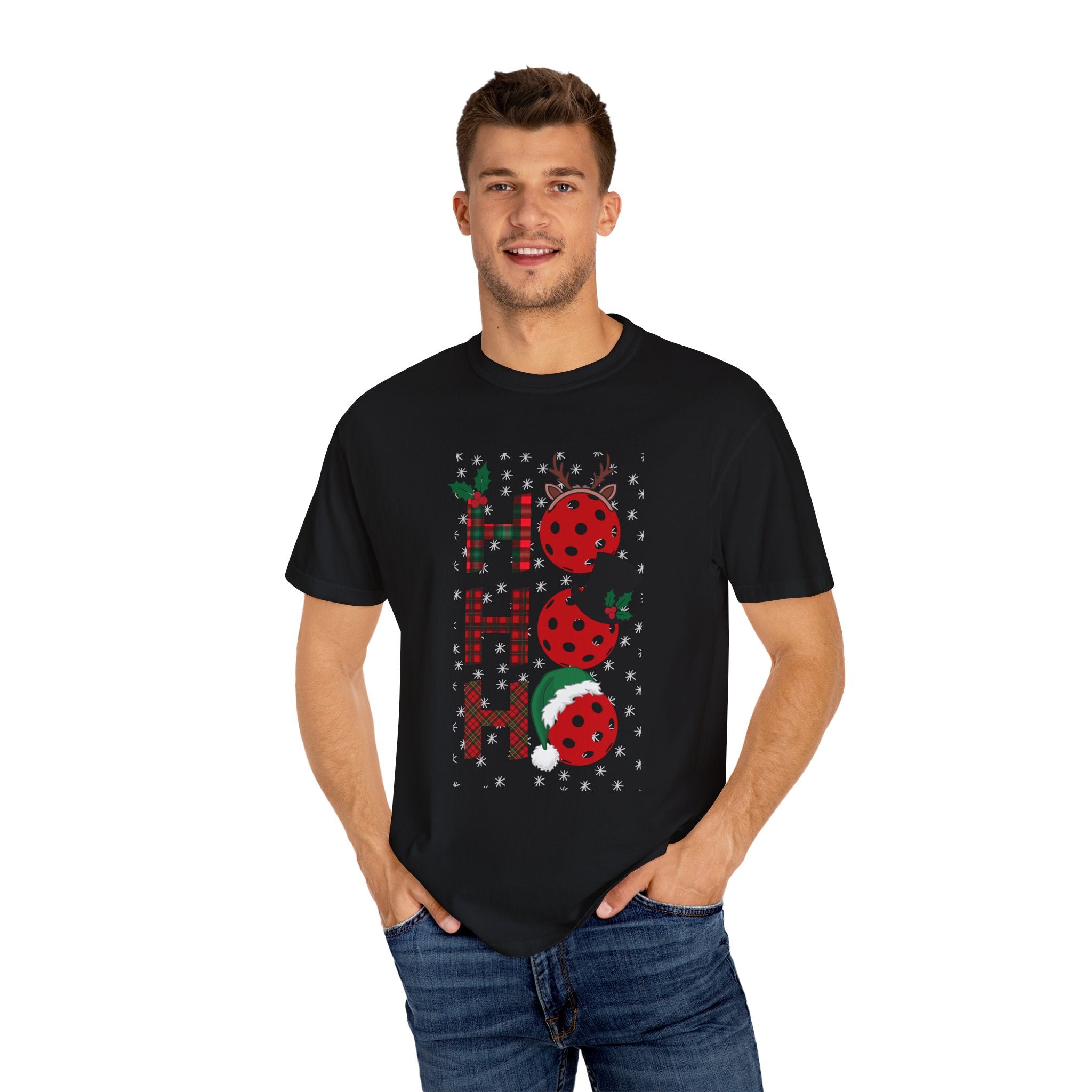 Holiday Moon. Unisex, Garment-Dyed, Crew Neck, Short Sleeve, Graphic T-Shirt. Pickleball Ho.Ho.Ho.