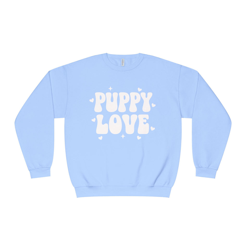 A Valentine Holiday Moon. Ladies, Crew Neck, Medium-Heavy NuBlend fleece/cotton, Graphic Sweatshirt. Puppy Love.