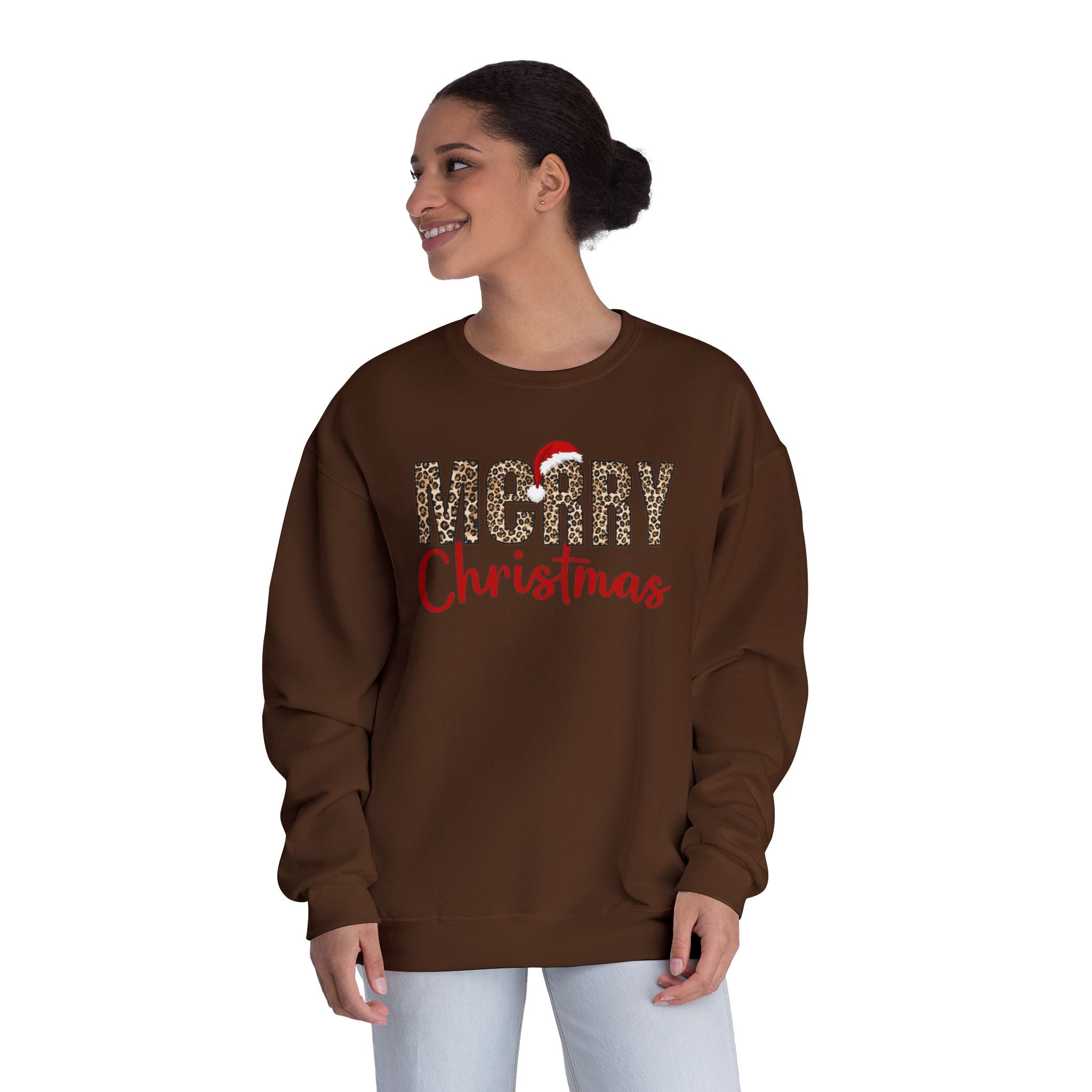 Holiday Moon.  Ladies, crew neck, long sleeve, graphic sweatshirt.  Merry Christmas Leopard.