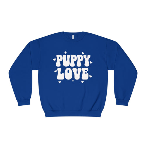 A Valentine Holiday Moon. Ladies, Crew Neck, Medium-Heavy NuBlend fleece/cotton, Graphic Sweatshirt. Puppy Love.