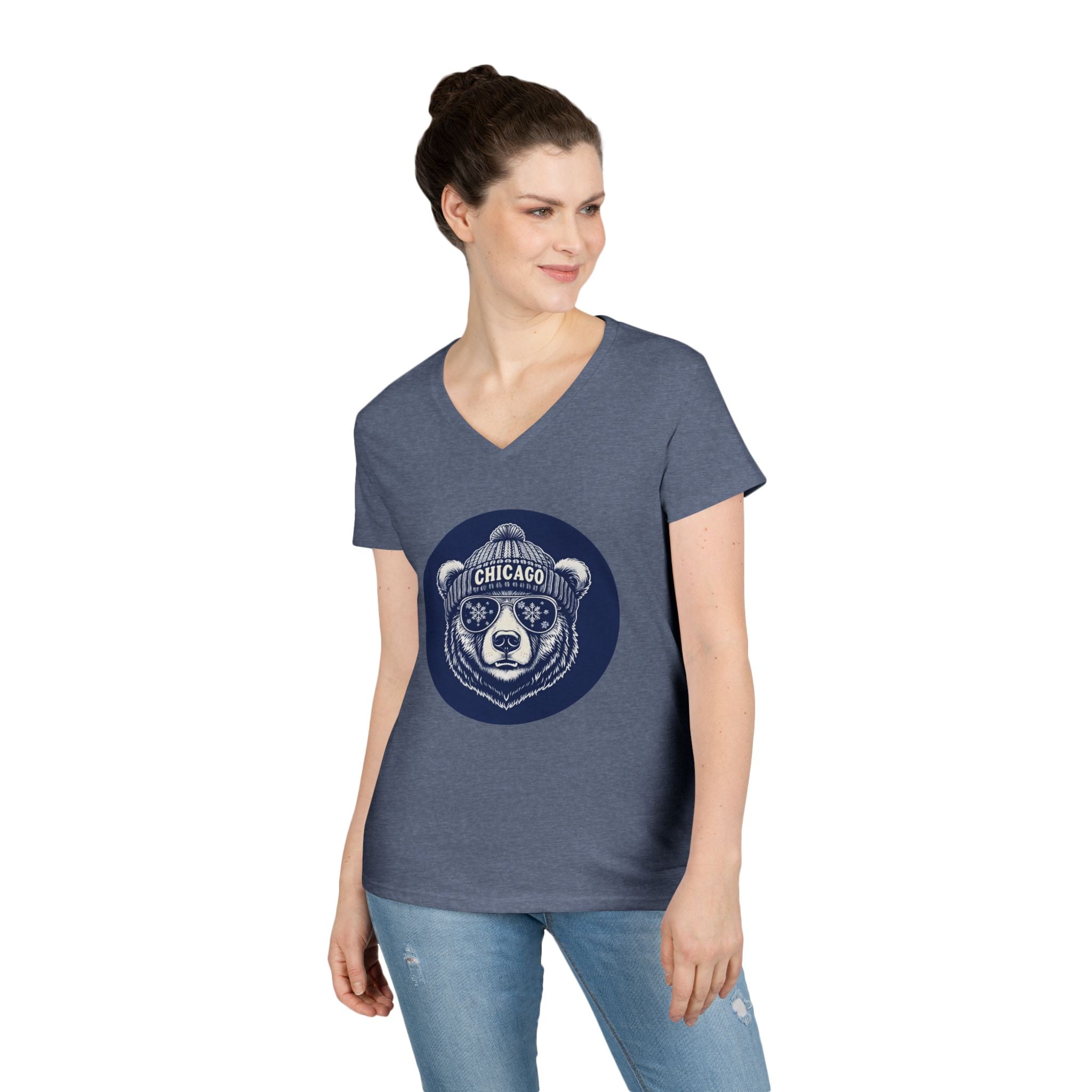 Sporty Soul. Ladies, V-Neck, Short Sleeve, Graphic T-Shirt. Retro Winter Beanie Bear.