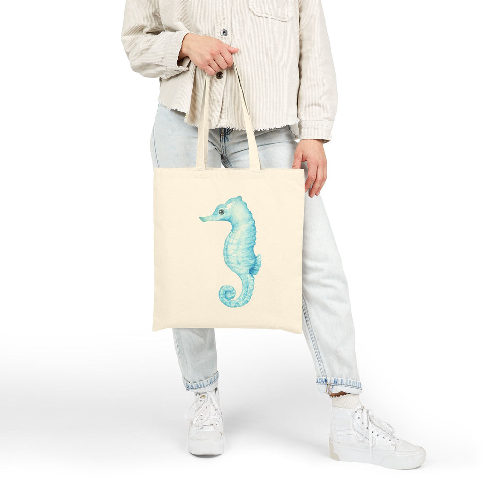 Coastal Collection. Canvas Beach/Market Tote Bag. Aqua Seahorse Watercolor.