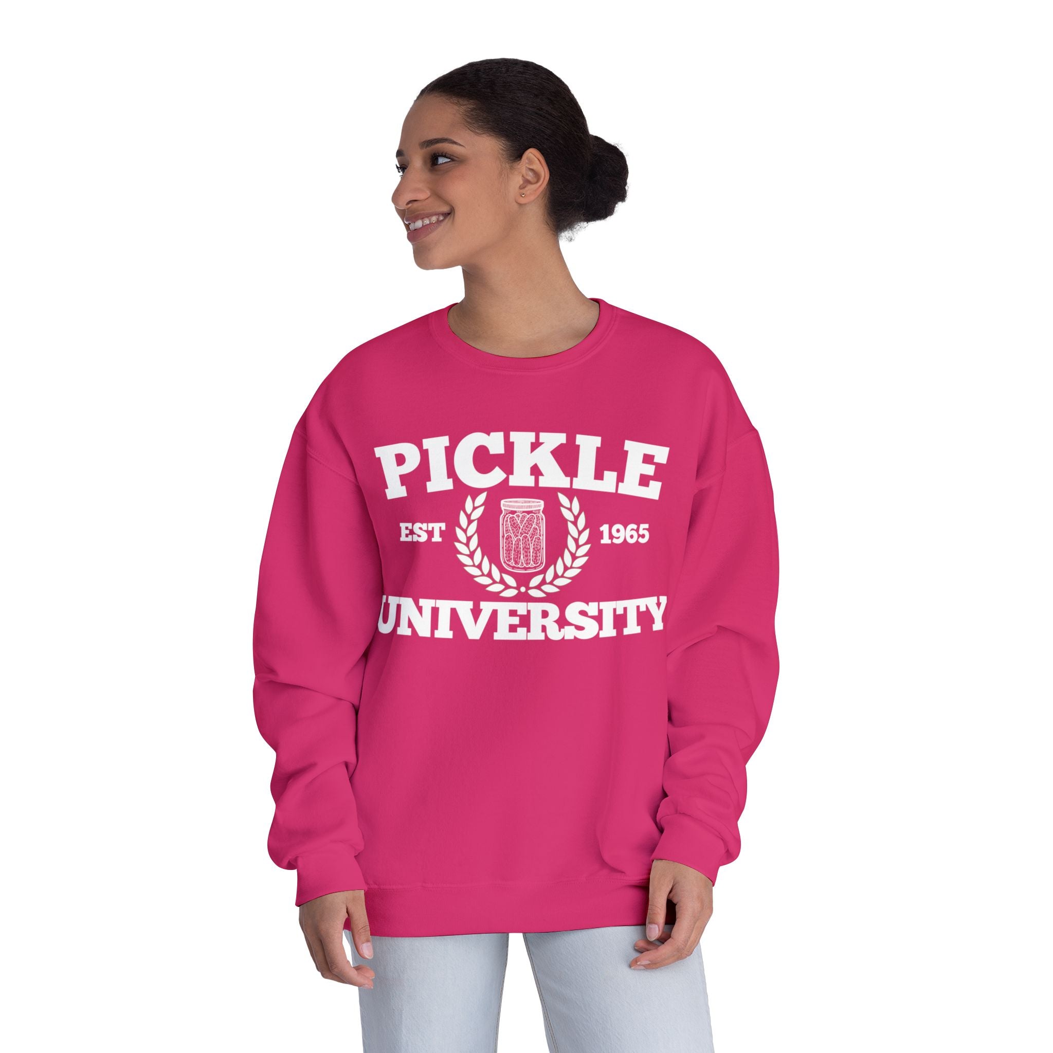 Pickleball. Ladies, Crew Neck, Medium-Heavy NuBlend fleece/cotton, Graphic Sweatshirt. Pickleball. 7 Color Options. Vintage “Pickle Est. 1965” College Style.
