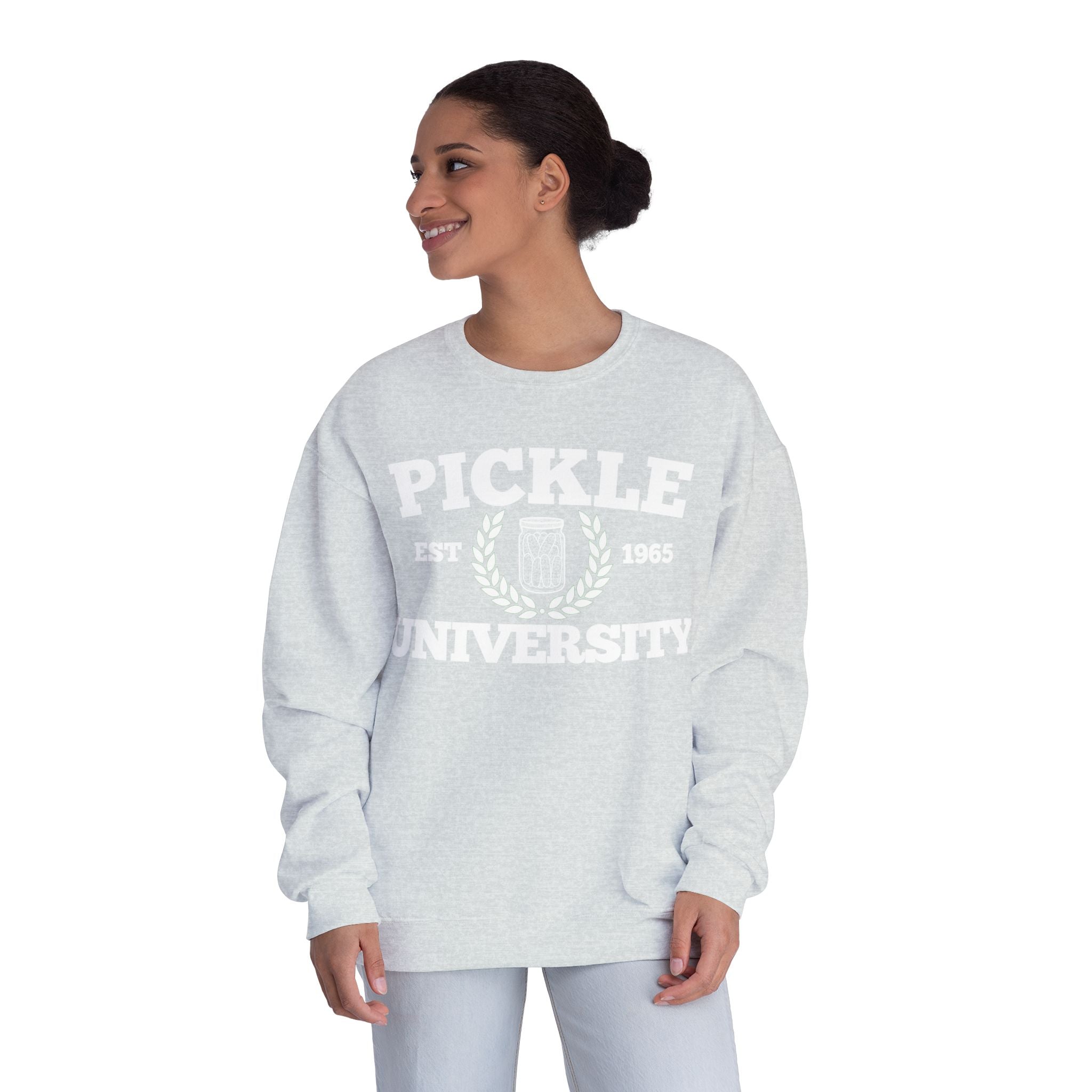 Pickleball. Ladies, Crew Neck, Medium-Heavy NuBlend fleece/cotton, Graphic Sweatshirt. Pickleball. 7 Color Options. Vintage “Pickle Est. 1965” College Style.