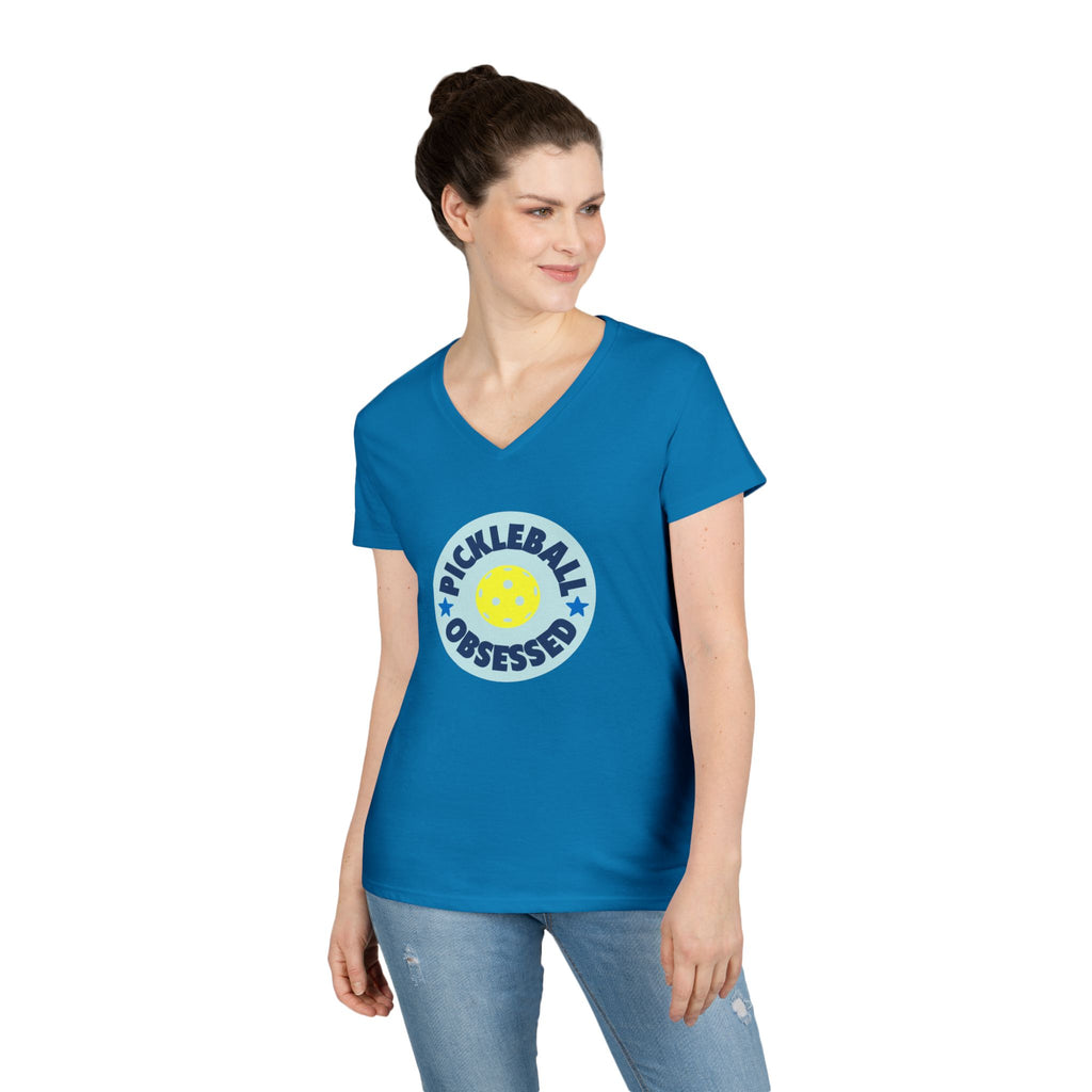 Pickleball. Ladies, V-Neck, Short Sleeve, Graphic T-Shirt. Pickleball Obsessed.