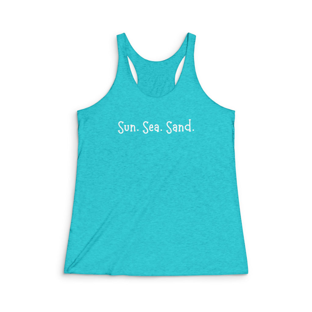 Coastal Moon Collection. Sun Sea Sand Women’s Racerback Tank – Lightweight Summer Beach Shirt
