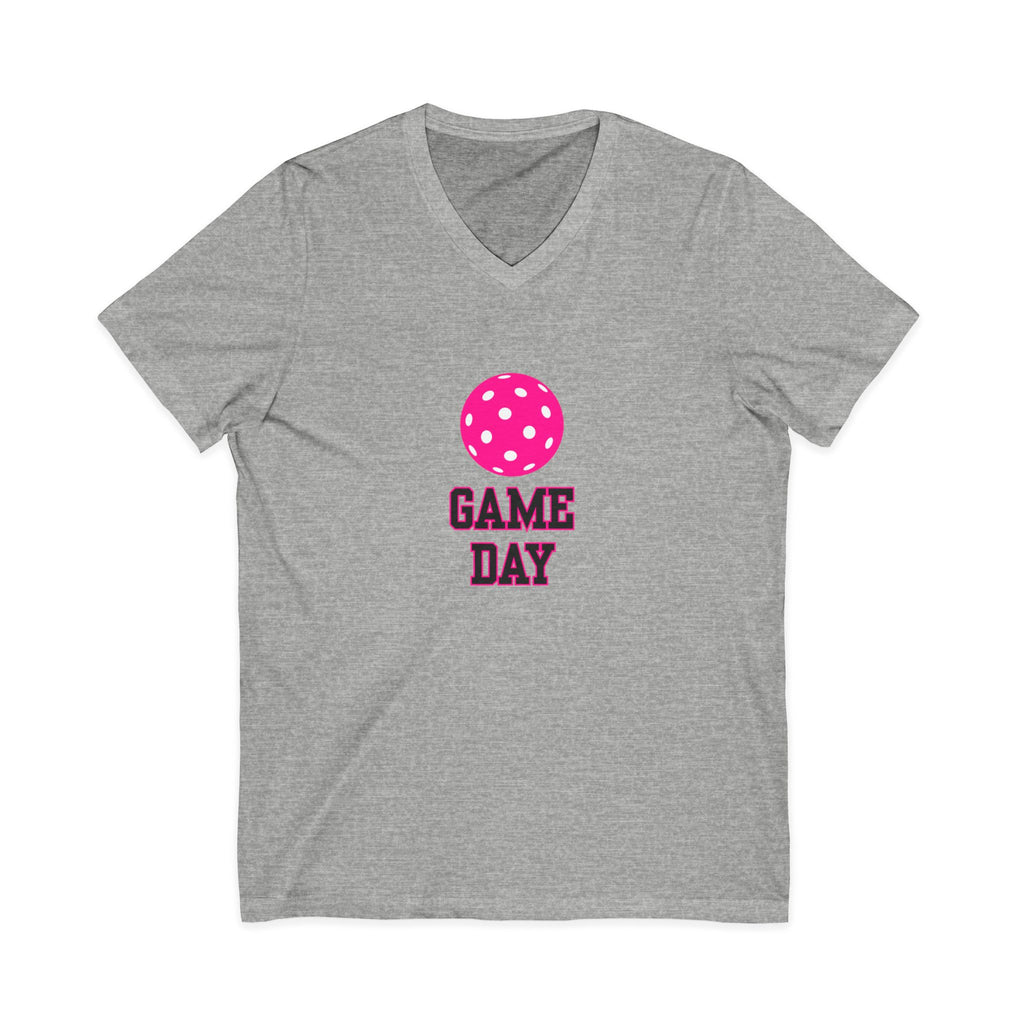 Pickleball. Unisex, V-Neck, Short Sleeve, Graphic T-Shirt. Game Day. Pink.