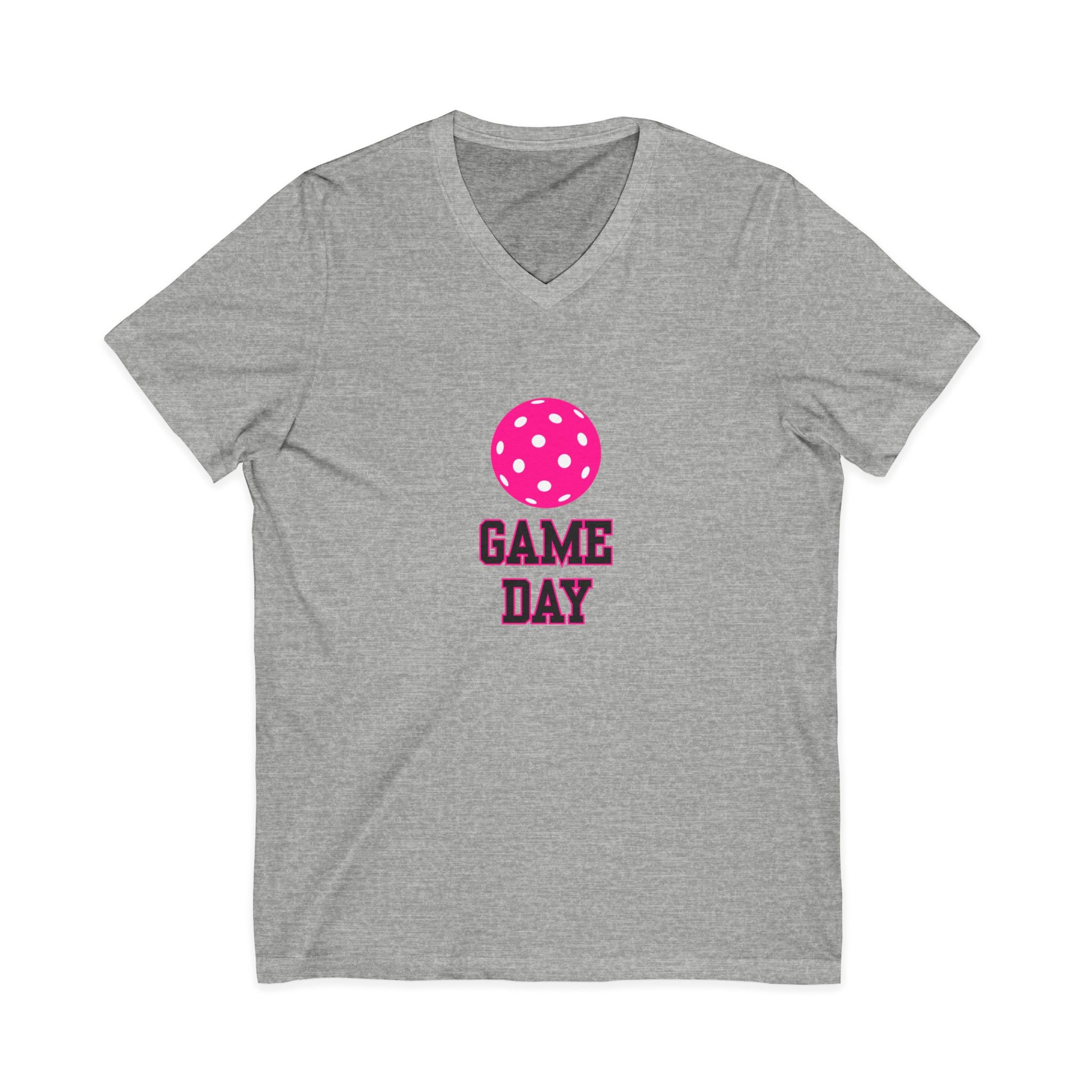 Pickleball. Unisex, V-Neck, Short Sleeve, Graphic T-Shirt. Game Day. Pink.