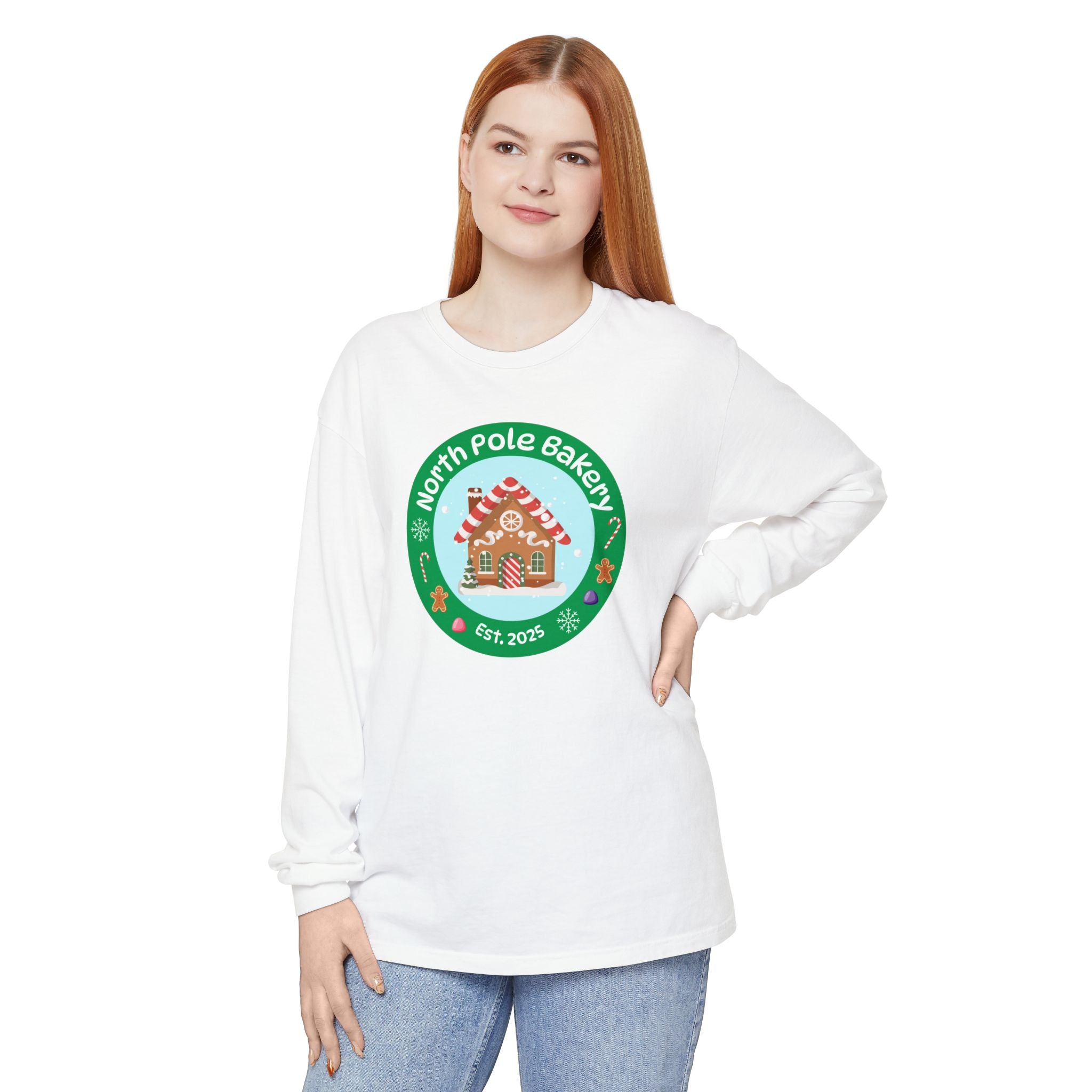 Holiday Moon. Unisex, Crew Neck, Long Sleeve, Graphic T-Shirt. North Pole Bakery.