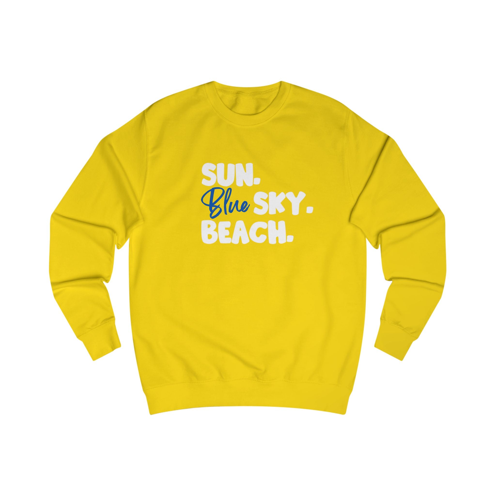 Coastal Moon Collection. Crew neck, medium-heavy, graphic sweatshirt. Sun.Blue Sky.Beach.