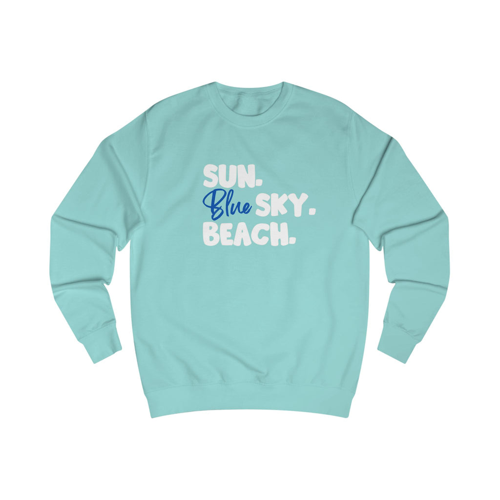 Coastal Moon Collection. Crew neck, medium-heavy, graphic sweatshirt. Sun.Blue Sky.Beach.