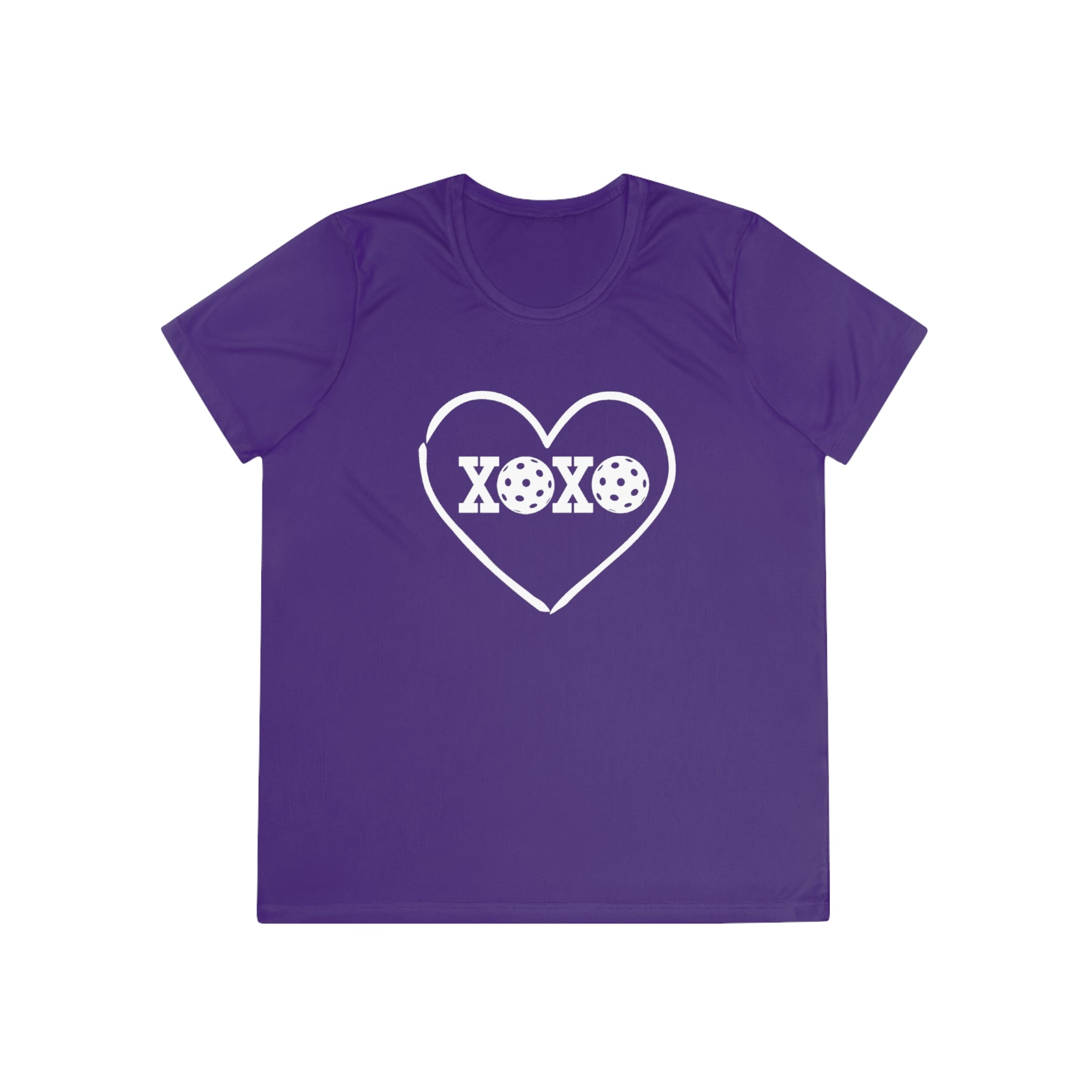 A New Pickleball Dryfit. Ladies, short sleeve, crew neck, moisture-wicking fabric, graphic tee. XOXO. Available in 9 colors.