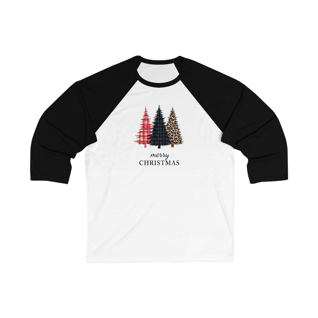 Holiday Moon. Unisex, Crew Neck, 3/4 Sleeve Baseball, Graphic T-Shirt. Christmas Trees.