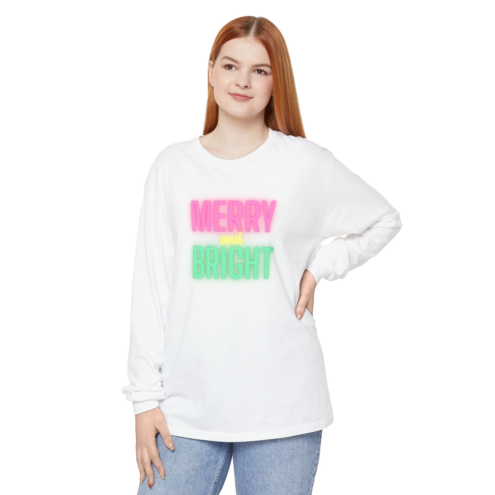 Holiday Moon. Unisex, Crew Neck, Long Sleeve, Graphic T-Shirt. Merry & Bright.