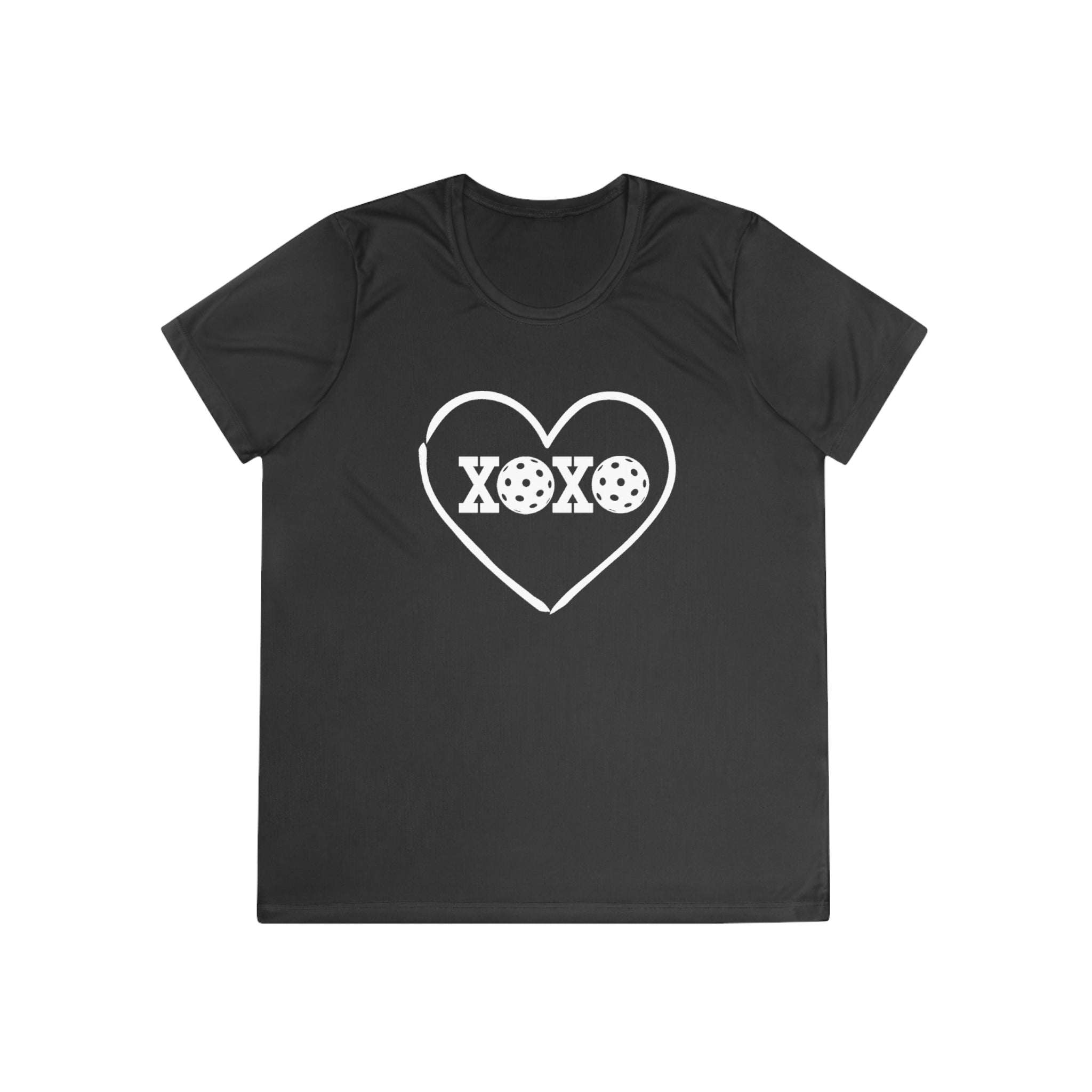 A New Pickleball Dryfit. Ladies, short sleeve, crew neck, moisture-wicking fabric, graphic tee. XOXO. Available in 9 colors.