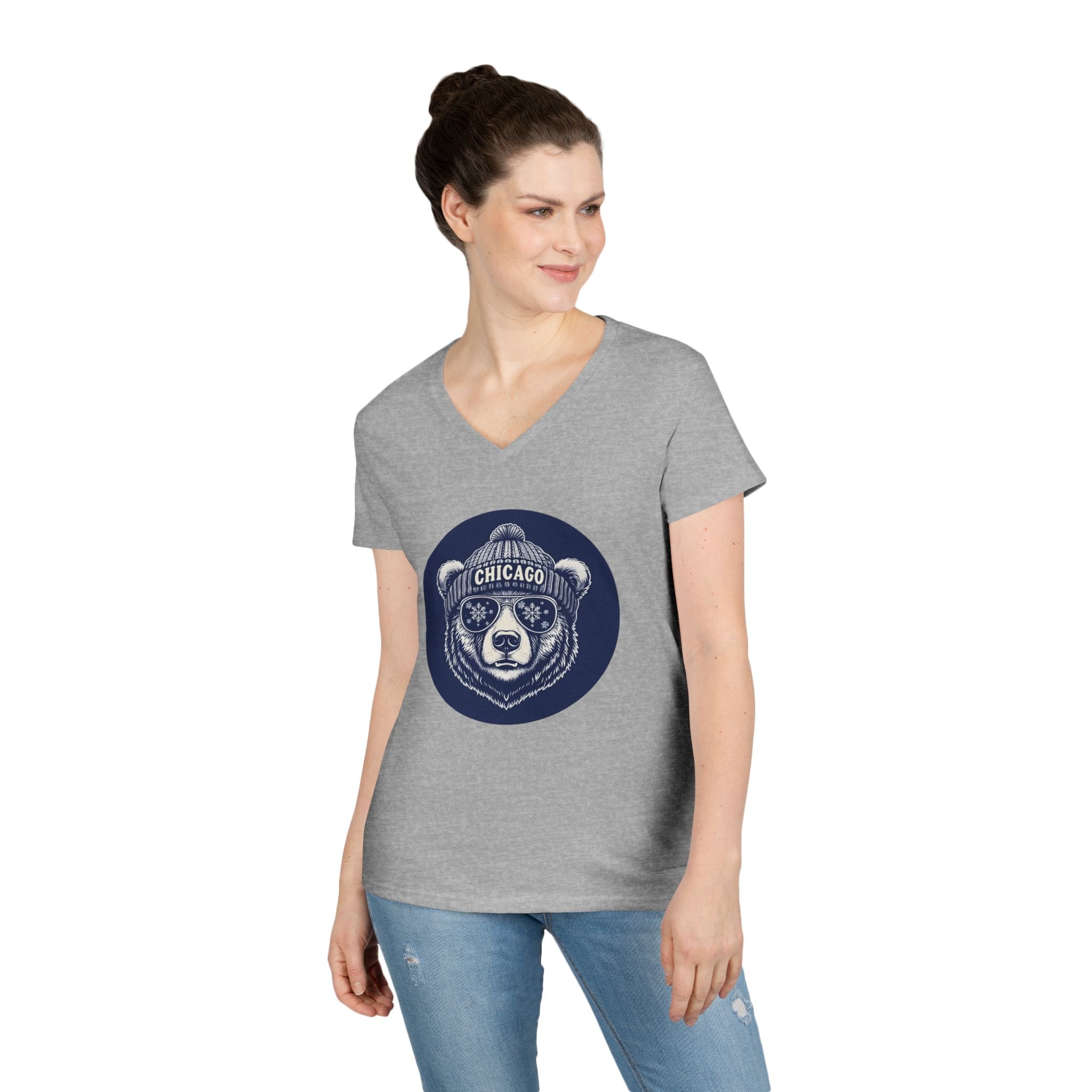 Sporty Soul. Ladies, V-Neck, Short Sleeve, Graphic T-Shirt. Retro Winter Beanie Bear.