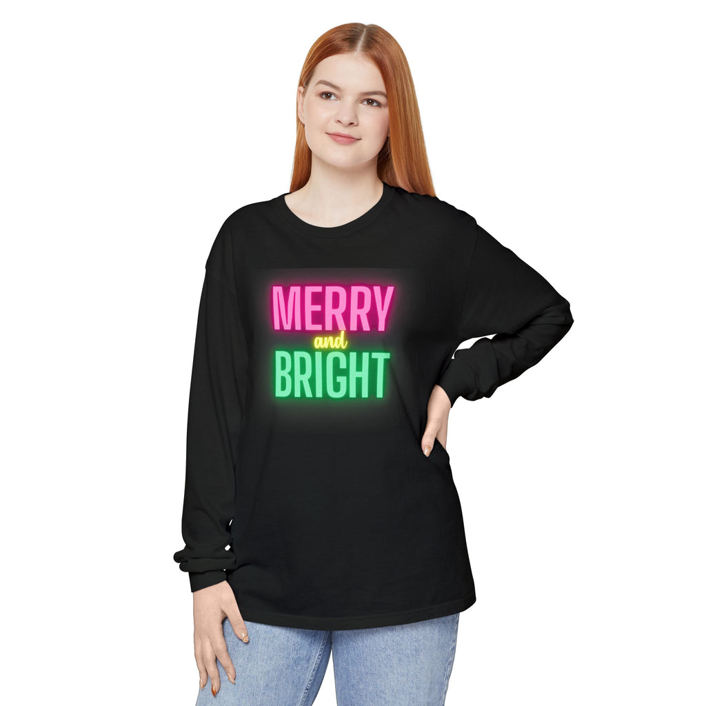 Holiday Moon. Unisex, Crew Neck, Long Sleeve, Graphic T-Shirt. Merry & Bright.