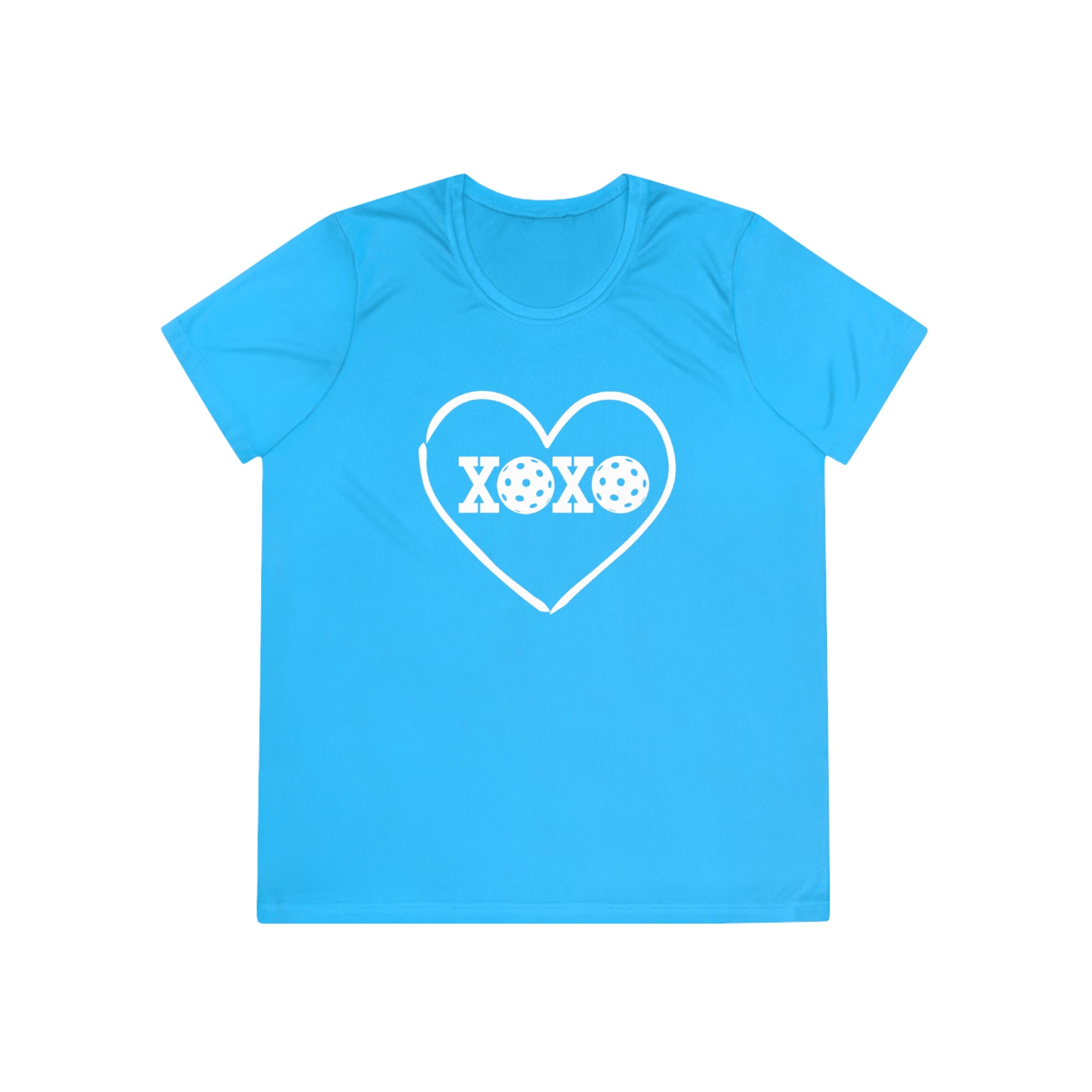 A New Pickleball Dryfit. Ladies, short sleeve, crew neck, moisture-wicking fabric, graphic tee. XOXO. Available in 9 colors.
