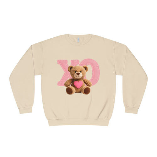 A Valentine Holiday Moon. Ladies, Crew Neck, Medium-Heavy NuBlend fleece/cotton, Graphic Sweatshirt. XO Teddy Bear.