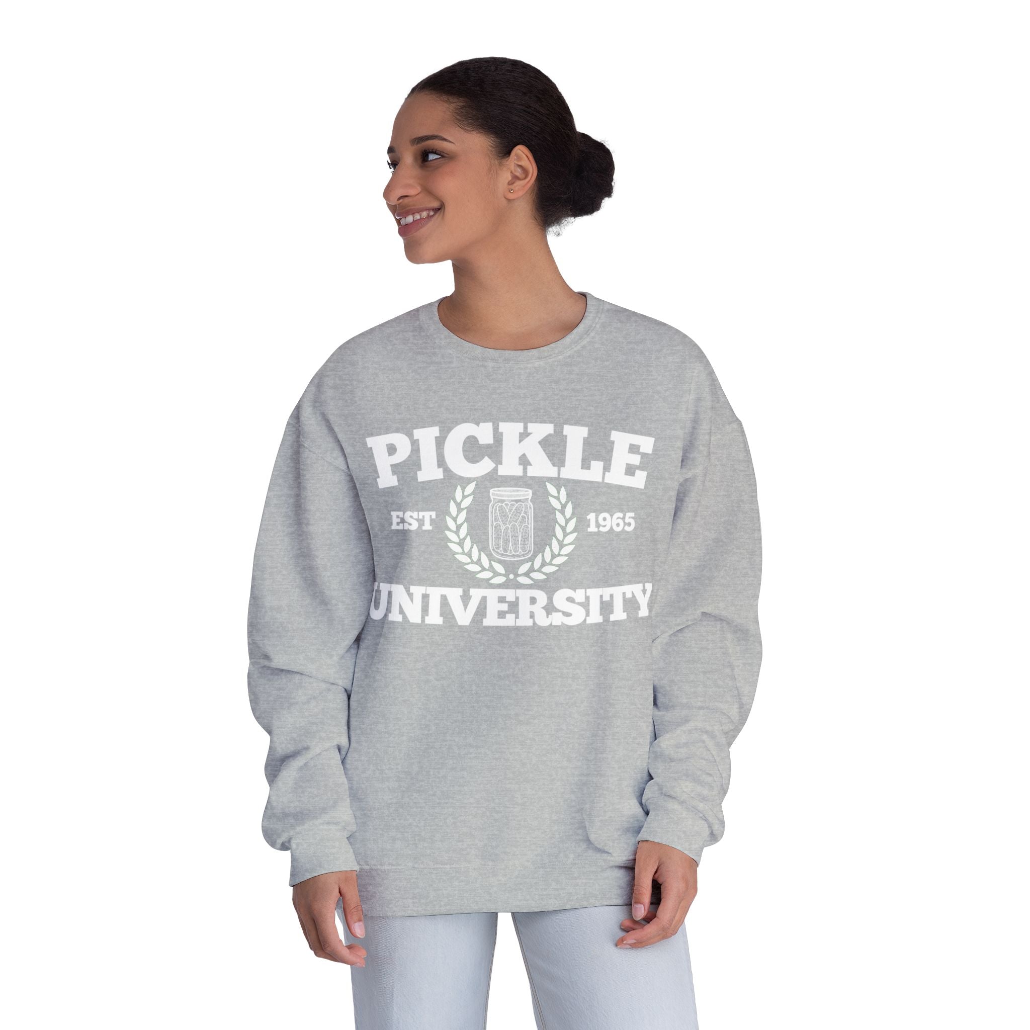 Pickleball. Ladies, Crew Neck, Medium-Heavy NuBlend fleece/cotton, Graphic Sweatshirt. Pickleball. 7 Color Options. Vintage “Pickle Est. 1965” College Style.