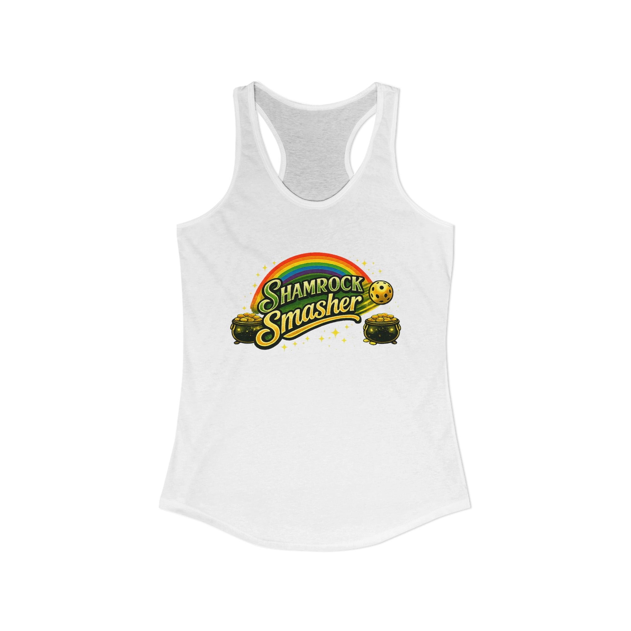 A Lucky Picklemoon.  Ladies, lightweight cotton/poly blend, racerback, graphic tank. Shamrock Smasher.
