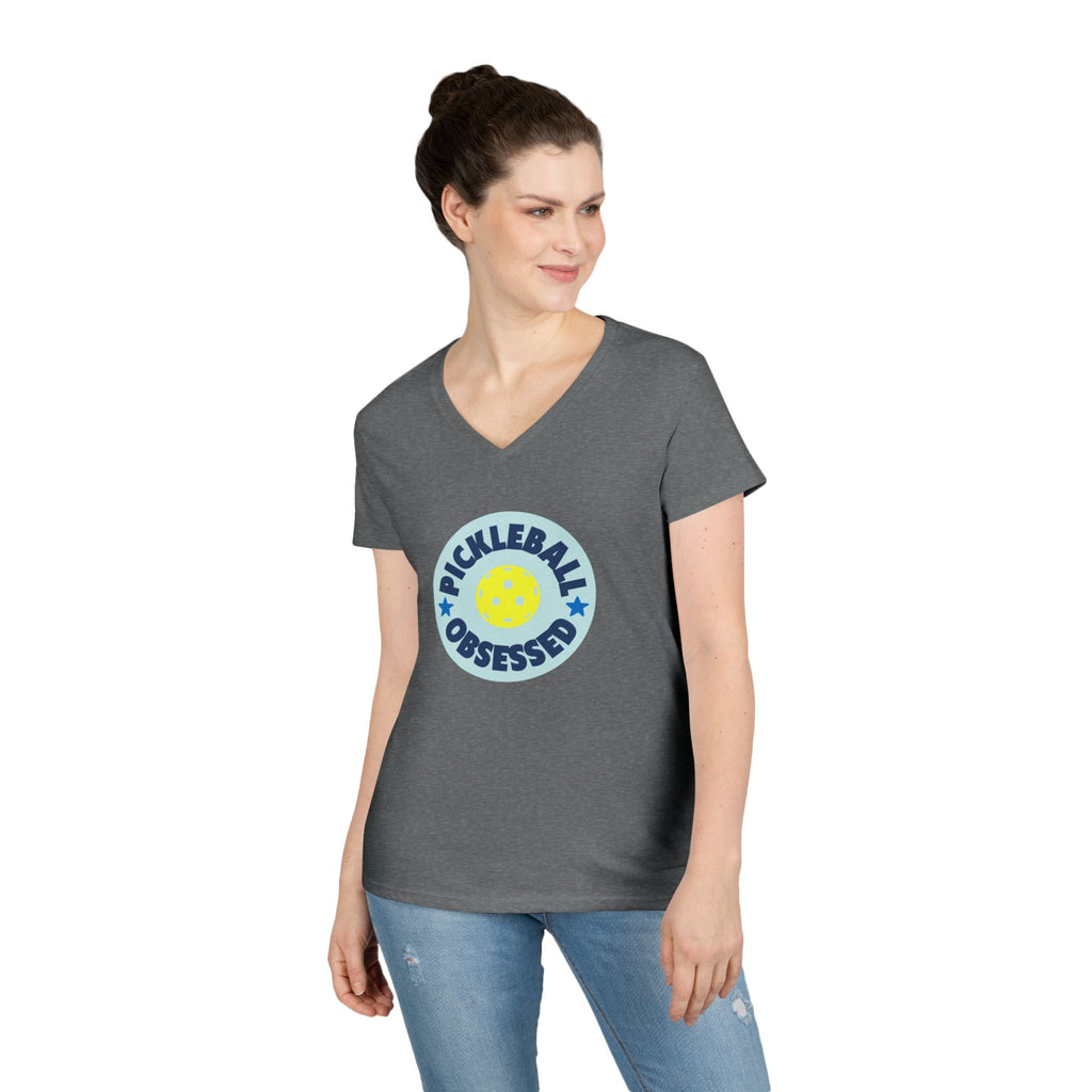 Pickleball. Ladies, V-Neck, Short Sleeve, Graphic T-Shirt. Pickleball Obsessed.