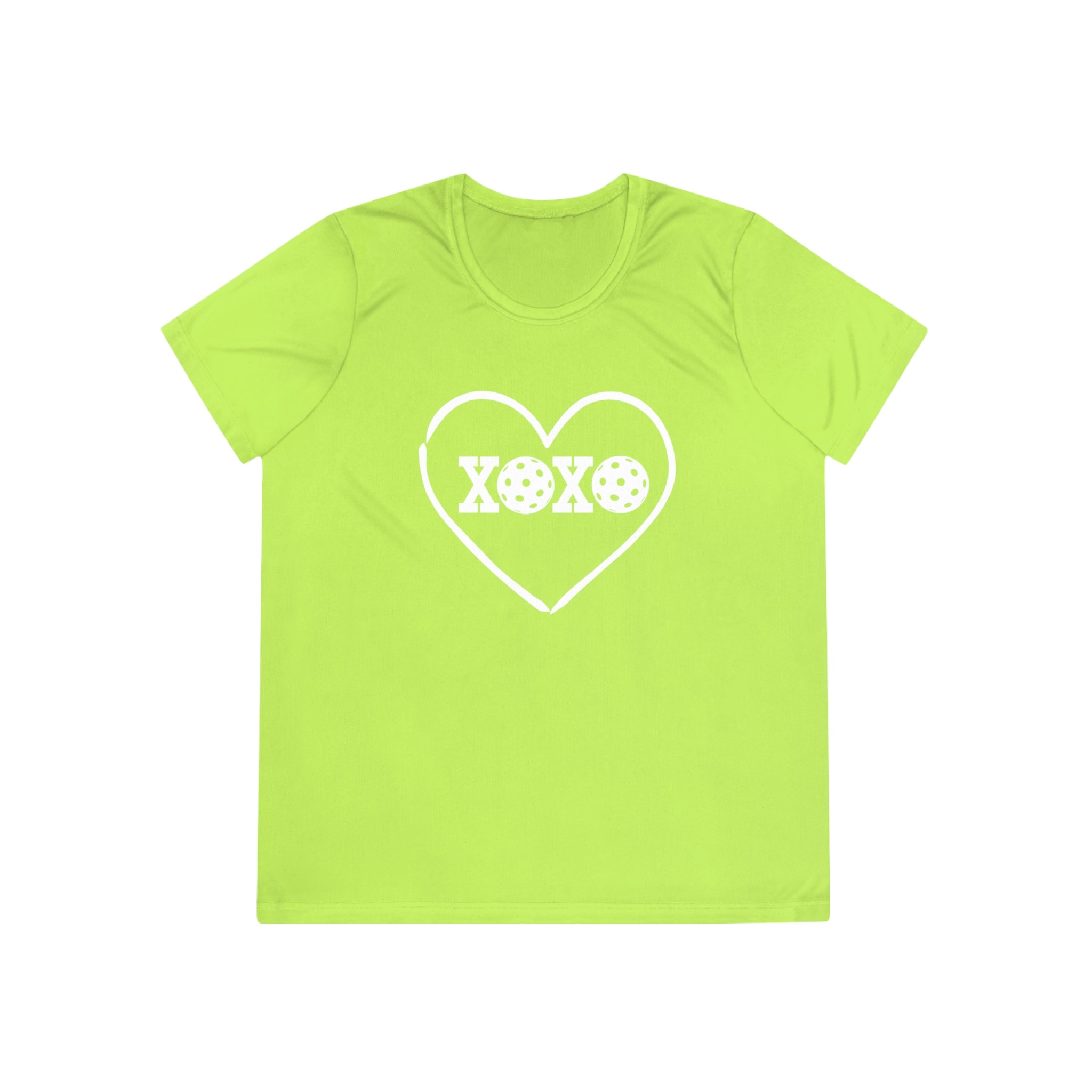 A New Pickleball Dryfit. Ladies, short sleeve, crew neck, moisture-wicking fabric, graphic tee. XOXO. Available in 9 colors.