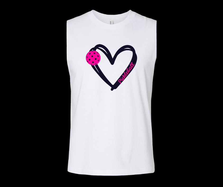 Pickleball. Unisex, Muscle Tank, Crew Neck, Graphic T-Shirt. Heart Pink Pickleball.