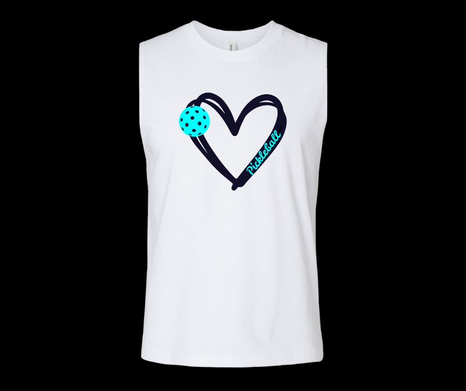 Pickleball. Unisex, Muscle Tank, Crew Neck, Graphic T-Shirt. Heart Aqua Pickleball.