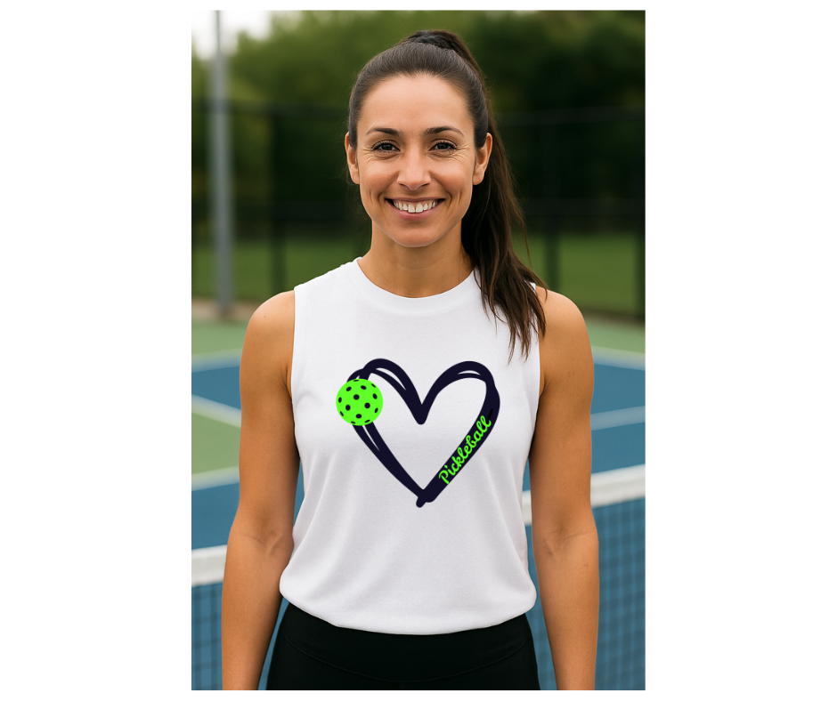 Pickleball. Unisex, Muscle Tank, Crew Neck, Graphic T-Shirt. Heart Green Pickleball.