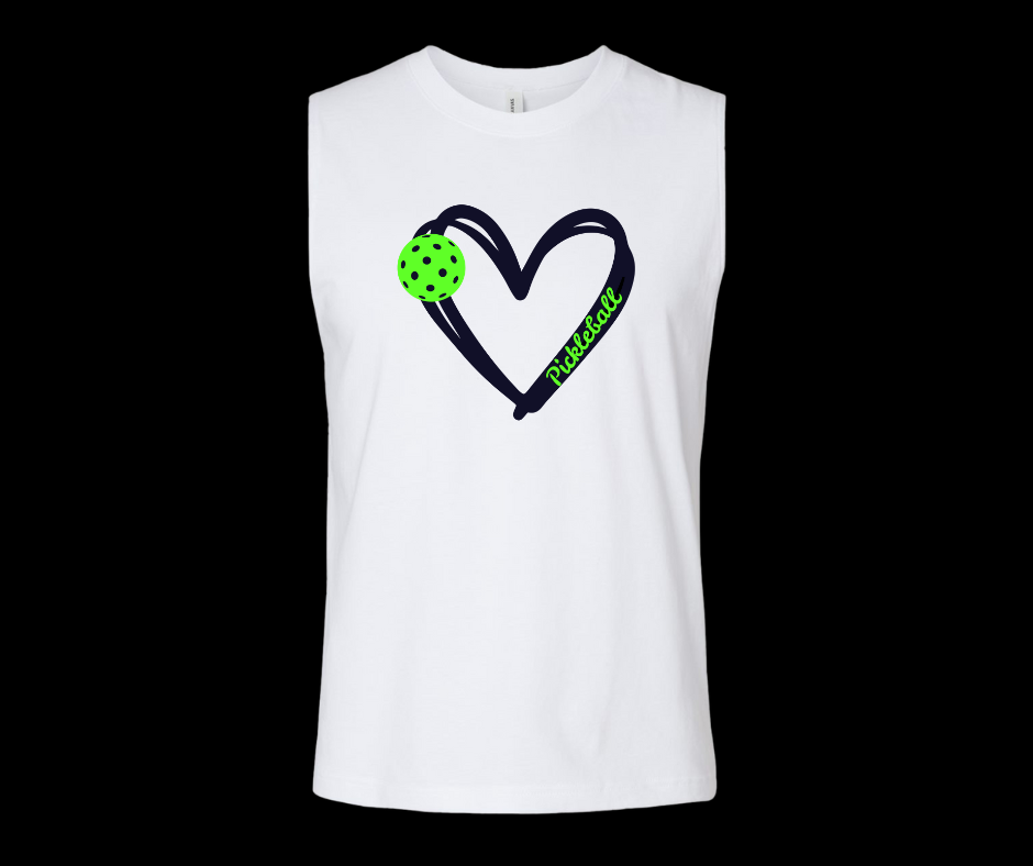 Pickleball. Unisex, Muscle Tank, Crew Neck, Graphic T-Shirt. Heart Green Pickleball.