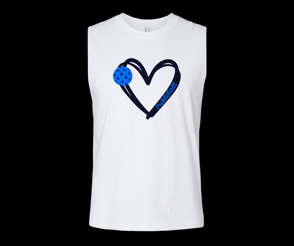 Pickleball. Unisex, Muscle Tank, Crew Neck, Graphic T-Shirt. Heart Blue Pickleball.