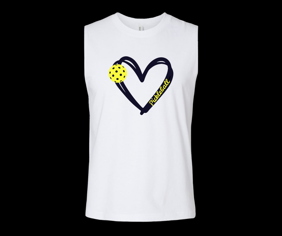 Pickleball. Unisex, Muscle Tank, Crew Neck, Graphic T-Shirt. Heart Yellow Pickleball.