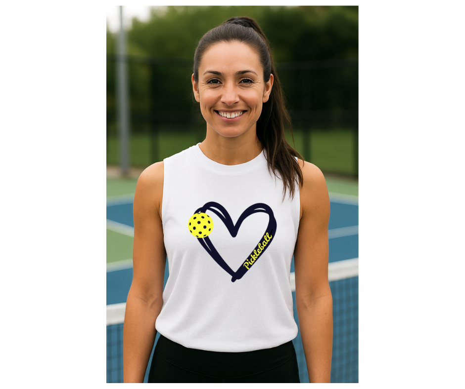 Pickleball. Unisex, Muscle Tank, Crew Neck, Graphic T-Shirt. Heart Yellow Pickleball.