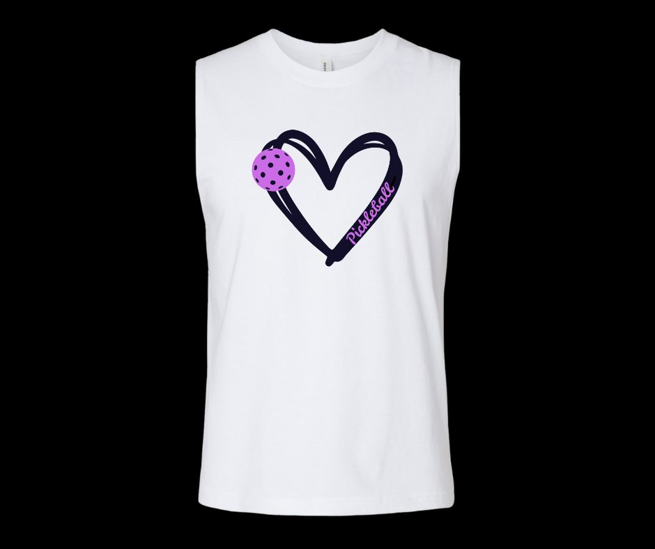 Pickleball. Unisex, Muscle Tank, Crew Neck, Graphic T-Shirt. Heart Purple Pickleball.