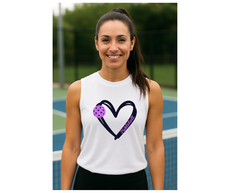 Pickleball. Unisex, Muscle Tank, Crew Neck, Graphic T-Shirt. Heart Purple Pickleball.