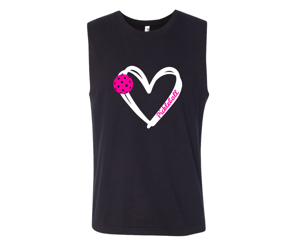 Pickleball. Unisex, Muscle Tank, Crew Neck, Graphic T-Shirt. Heart Pink Pickleball.