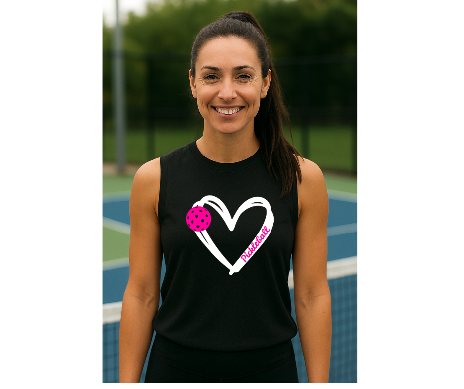Pickleball. Unisex, Muscle Tank, Crew Neck, Graphic T-Shirt. Heart Pink Pickleball.