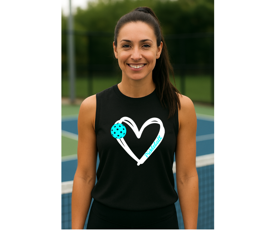 Pickleball. Unisex, Muscle Tank, Crew Neck, Graphic T-Shirt. Heart Aqua Pickleball.