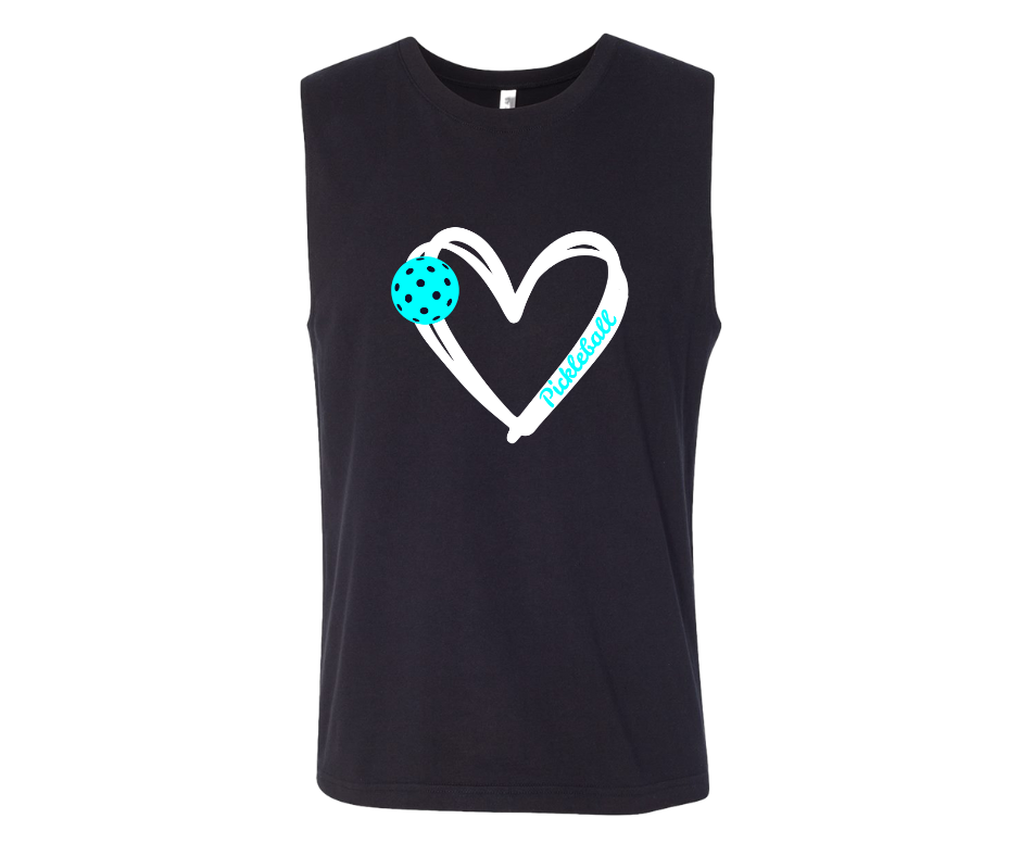 Pickleball. Unisex, Muscle Tank, Crew Neck, Graphic T-Shirt. Heart Aqua Pickleball.
