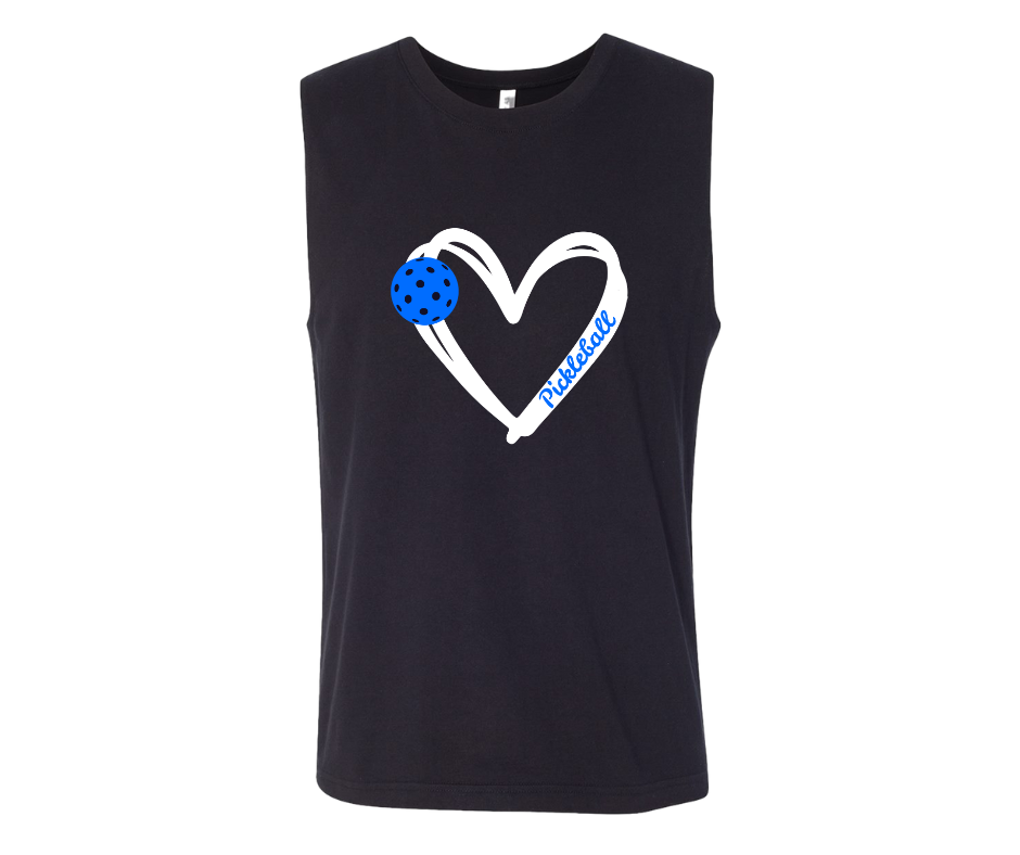 Pickleball. Unisex, Muscle Tank, Crew Neck, Graphic T-Shirt. Heart Blue Pickleball.