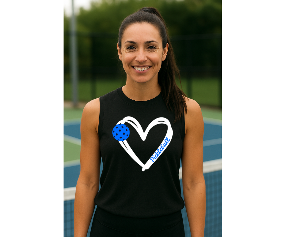 Pickleball. Unisex, Muscle Tank, Crew Neck, Graphic T-Shirt. Heart Blue Pickleball.