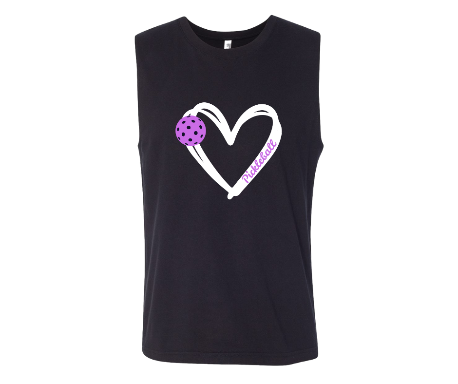 Pickleball. Unisex, Muscle Tank, Crew Neck, Graphic T-Shirt. Heart Purple Pickleball.