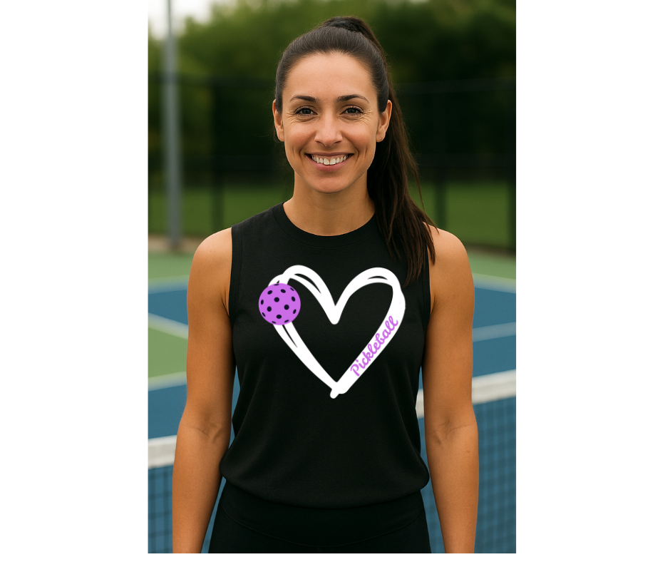 Pickleball. Unisex, Muscle Tank, Crew Neck, Graphic T-Shirt. Heart Purple Pickleball.